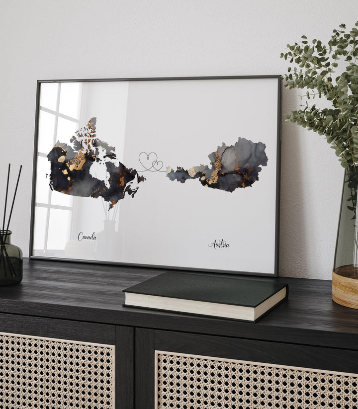 Canada and Austria Map Black & Gold Travel Wall Art Print | Canadian | Minimalist Decor | International Travel Art