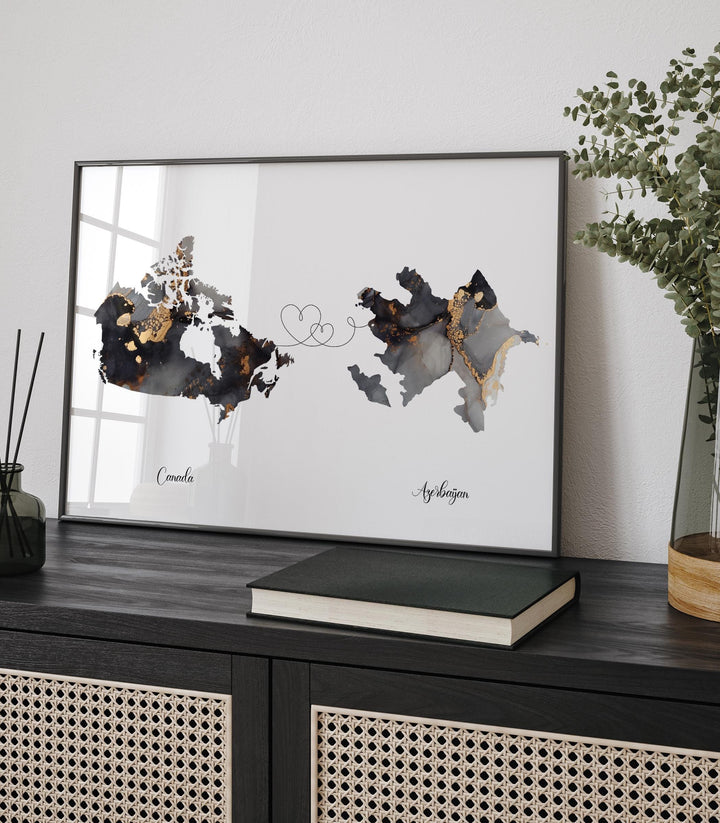 Canada and Azerbaijan Map Black & Gold Travel Wall Art Print | Canadian | Minimalist Decor | International Travel Art