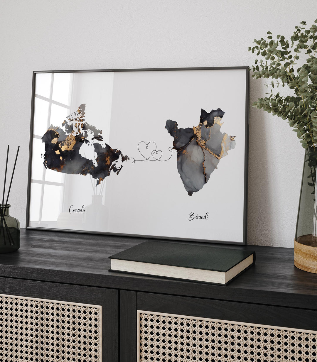 Canada and Burundi Map Black & Gold Travel Wall Art Print | Canadian | Minimalist Decor | International Travel Art