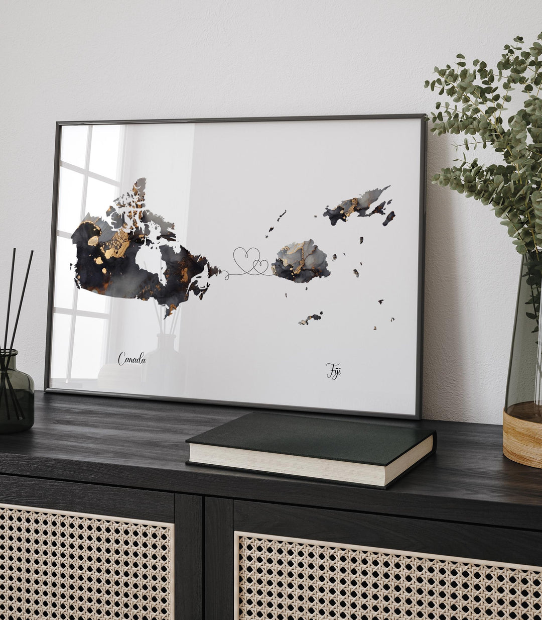 Canada and Fiji Map Black & Gold Travel Wall Art Print | Canadian | Minimalist Decor | International Travel Art