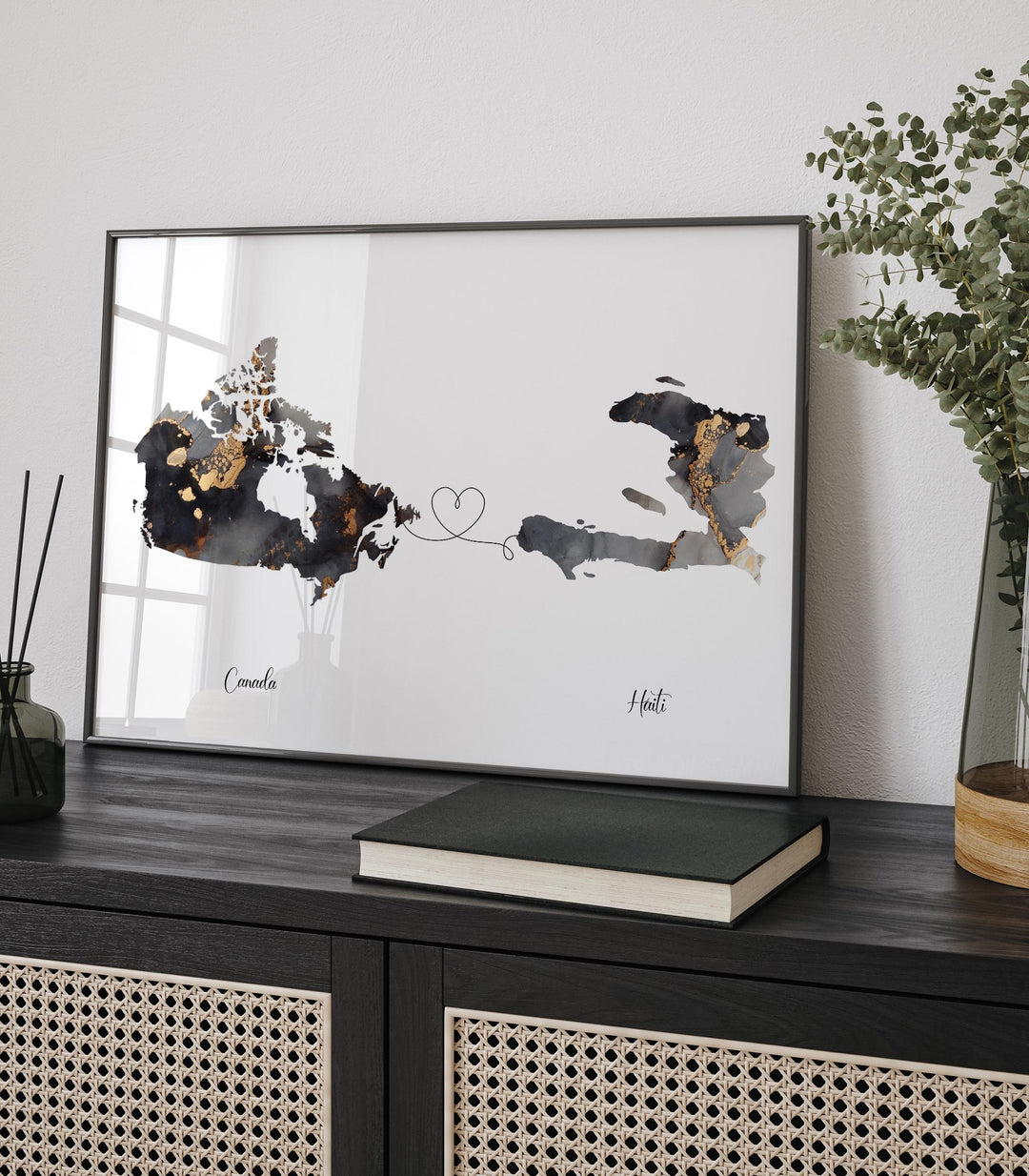 Canada and Haiti Map Black & Gold Travel Wall Art Print | Canadian | Minimalist Decor | International Travel Art