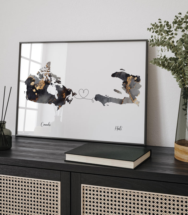 Canada and Haiti Map Black & Gold Travel Wall Art Print | Canadian | Minimalist Decor | International Travel Art