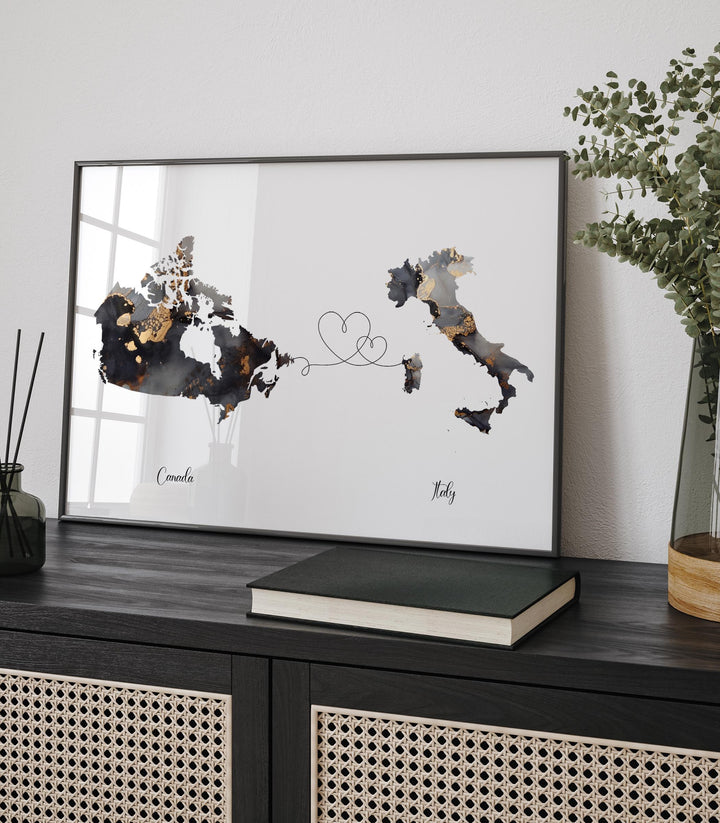 Canada and Italy Map Black & Gold Travel Wall Art Print | Canadian | Minimalist Decor | International Travel Art