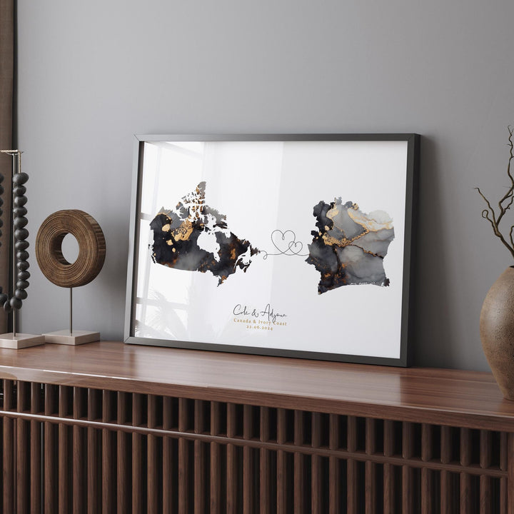 Canada and Ivory Coast Map Black & Gold Travel Wall Art Print | Canadian | Minimalist Decor | International Travel Art