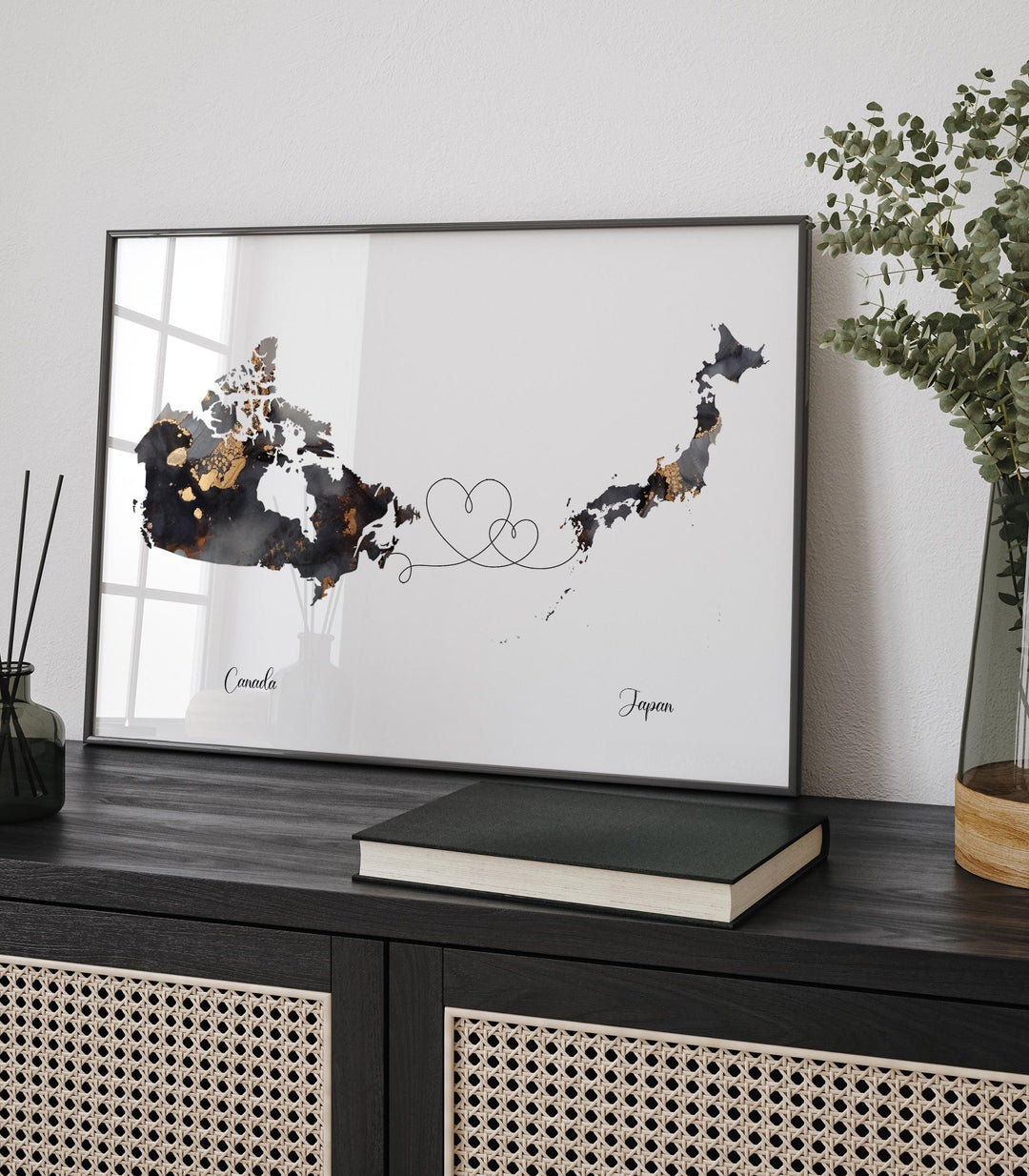 Canada and Japan Map Black & Gold Travel Wall Art Print | Canadian | Minimalist Decor | International Travel Art