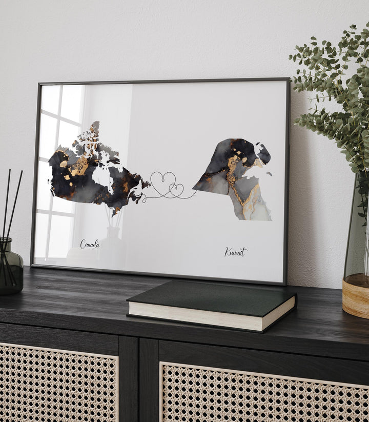 Canada and Kuwait Map Black & Gold Travel Wall Art Print | Canadian | Minimalist Decor | International Travel Art