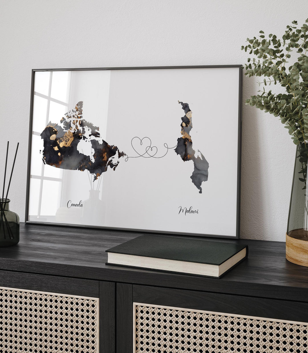 Canada and Malawi Map Black & Gold Travel Wall Art Print | Canadian | Minimalist Decor | International Travel Art