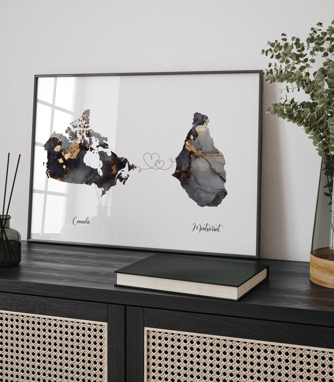 Canada and Montserrat Map Black & Gold Travel Wall Art Print | Canadian | Minimalist Decor | International Travel Art