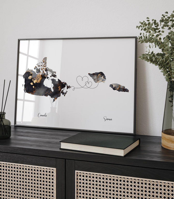 Canada and Samoa Map Black & Gold Travel Wall Art Print | Canadian | Minimalist Decor | International Travel Art