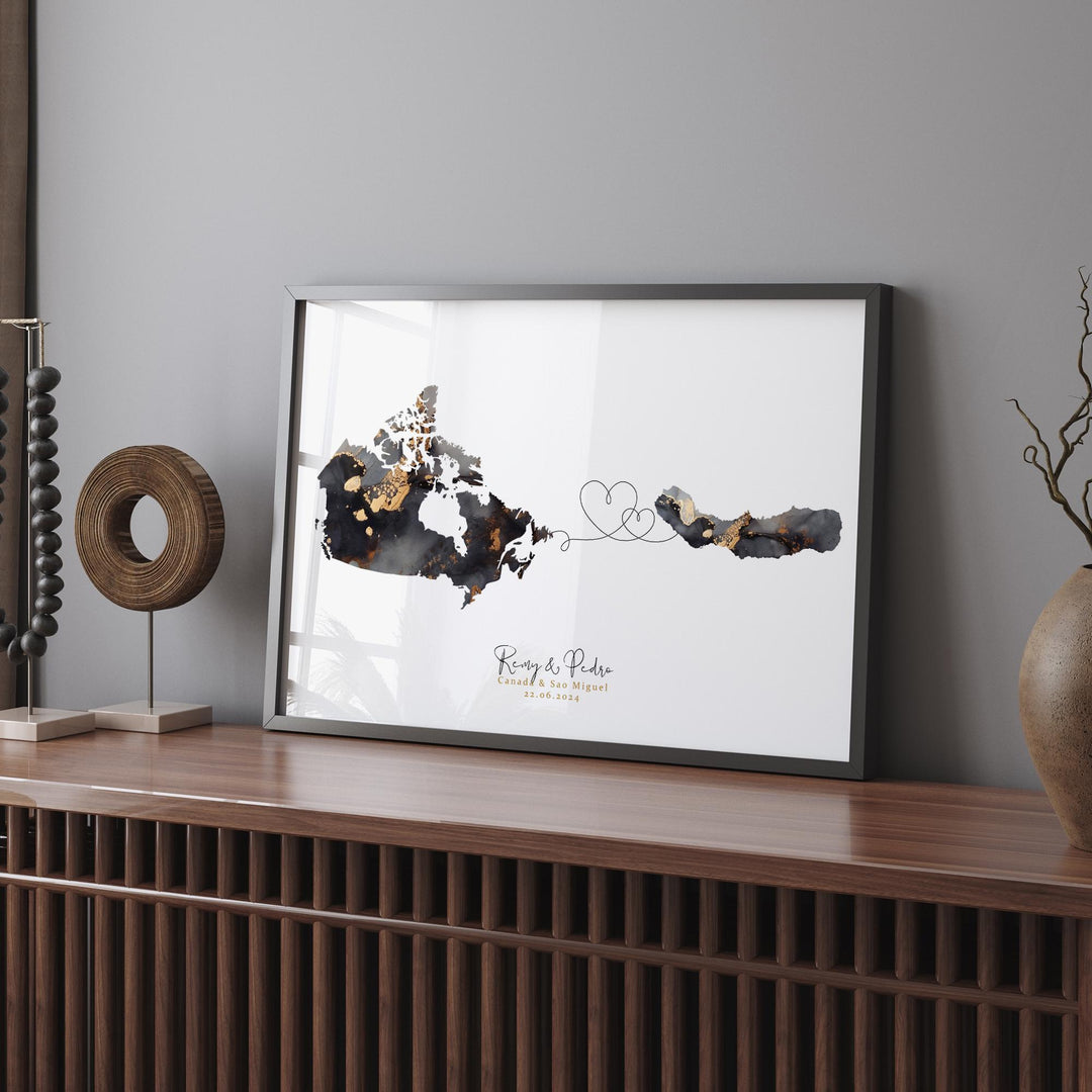 Canada and Sao Miguel Map Black & Gold Travel Wall Art Print | Canadian | Minimalist Decor | International Travel Art