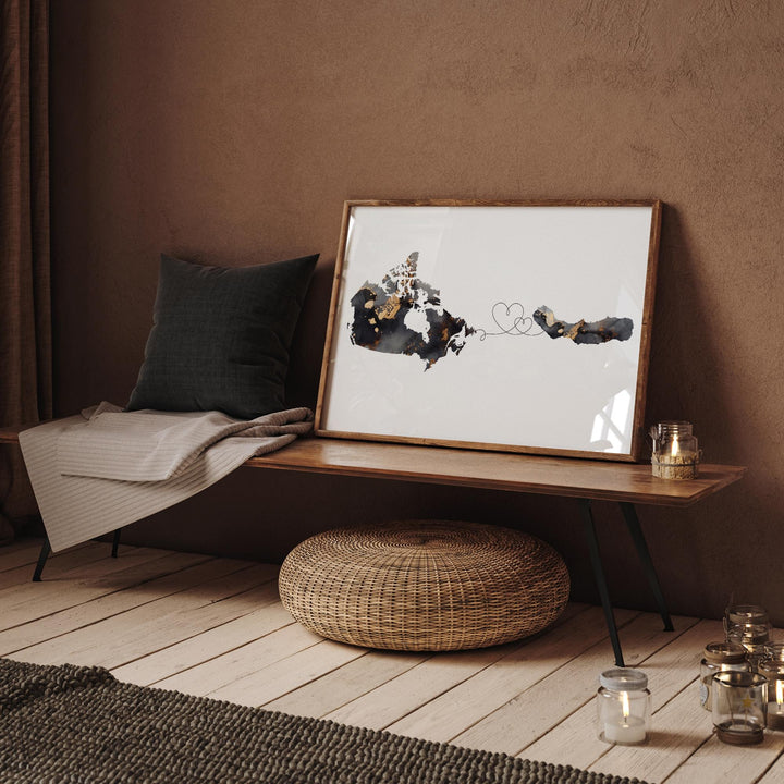 Canada and Sao Miguel Map Black & Gold Travel Wall Art Print | Canadian | Minimalist Decor | International Travel Art