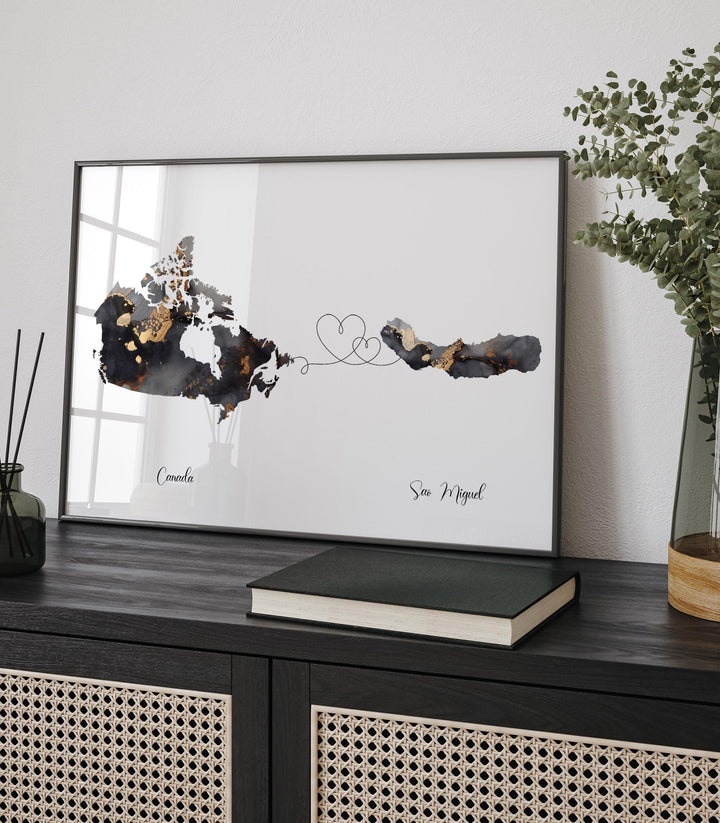 Canada and Sao Miguel Map Black & Gold Travel Wall Art Print | Canadian | Minimalist Decor | International Travel Art