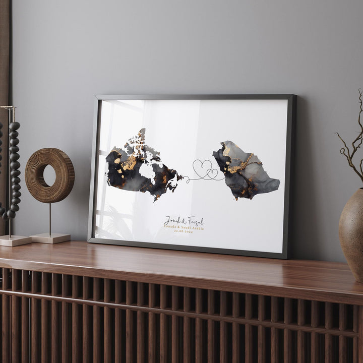 Canada and Saudi Arabia Map Black & Gold Travel Wall Art Print | Canadian | Minimalist Decor | International Travel Art