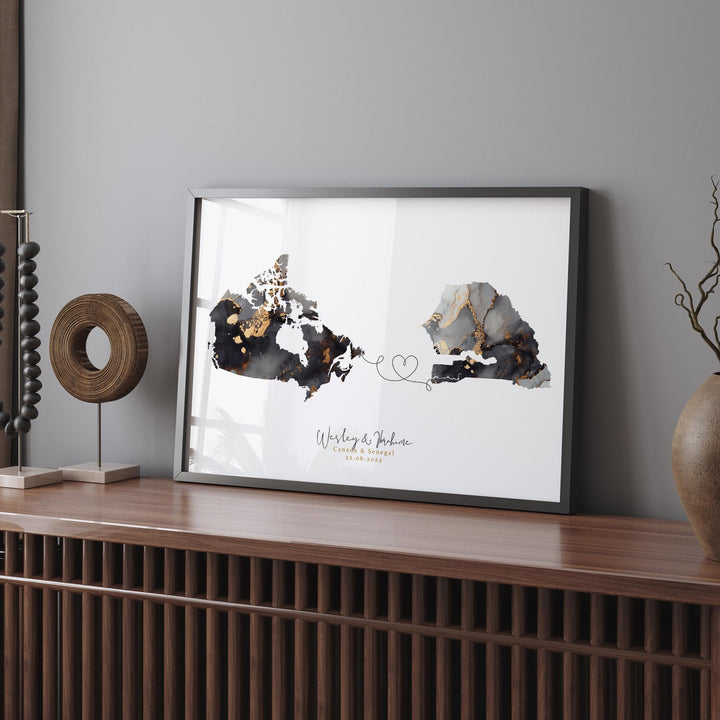 Canada and Senegal Map Black & Gold Travel Wall Art Print | Canadian | Minimalist Decor | International Travel Art