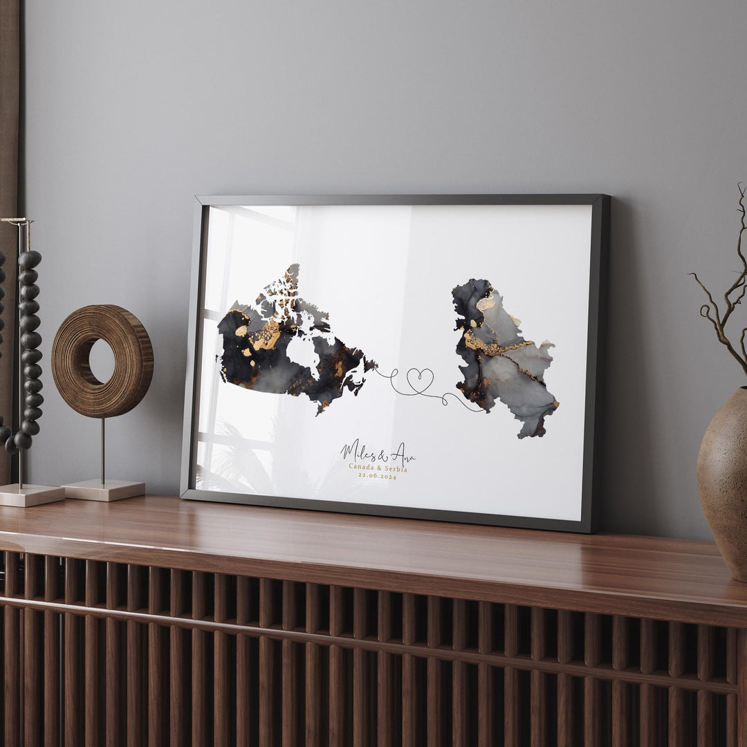 Canada and Serbia Map Black & Gold Travel Wall Art Print | Canadian | Minimalist Decor | International Travel Art