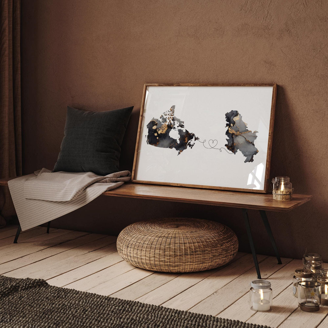 Canada and Serbia Map Black & Gold Travel Wall Art Print | Canadian | Minimalist Decor | International Travel Art