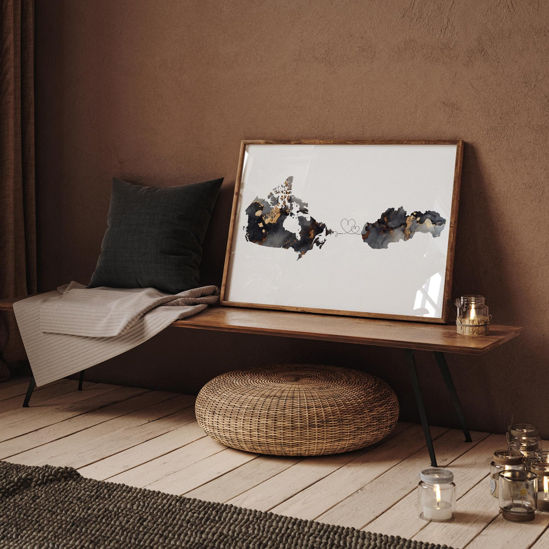 Canada and Slovakia Map Black & Gold Travel Wall Art Print | Canadian | Minimalist Decor | International Travel Art