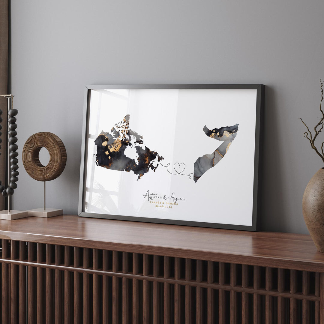 Canada and Somalia Map Black & Gold Travel Wall Art Print | Canadian | Minimalist Decor | International Travel Art