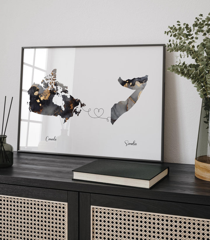 Canada and Somalia Map Black & Gold Travel Wall Art Print | Canadian | Minimalist Decor | International Travel Art