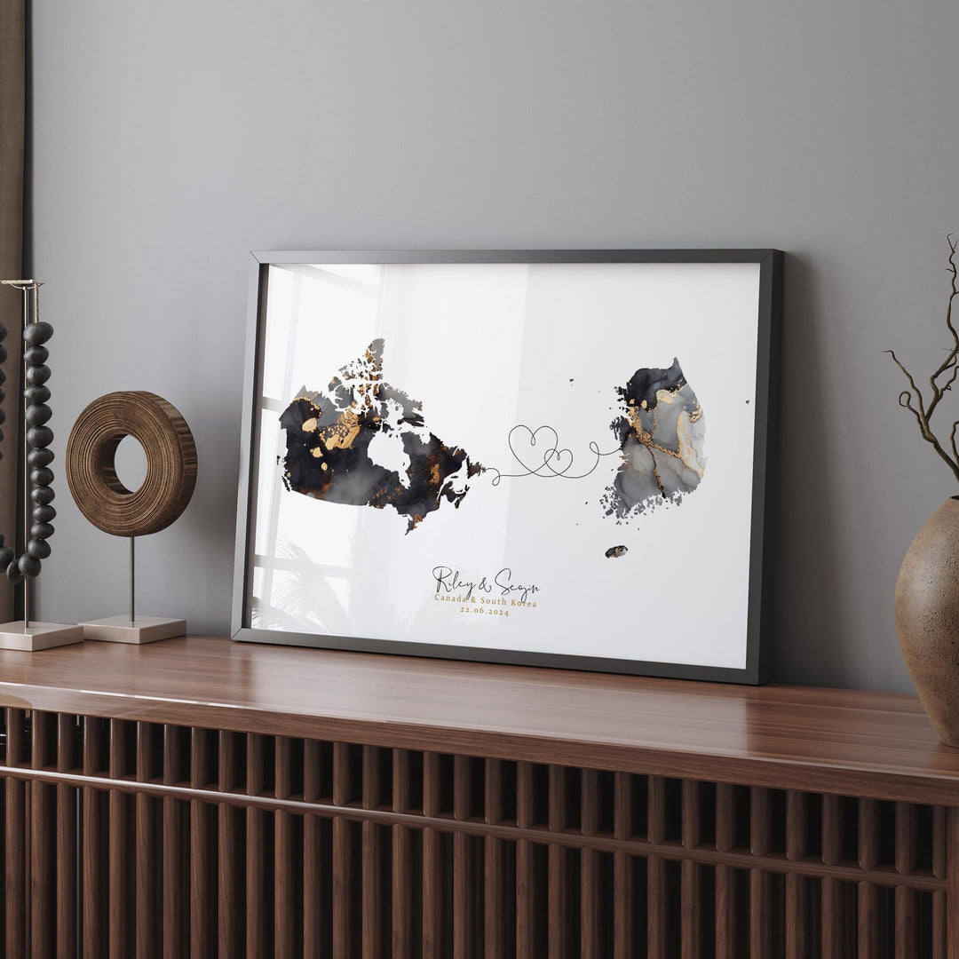 Canada and South Korea Map Black & Gold Travel Wall Art Print | Canadian | Minimalist Decor | International Travel Art