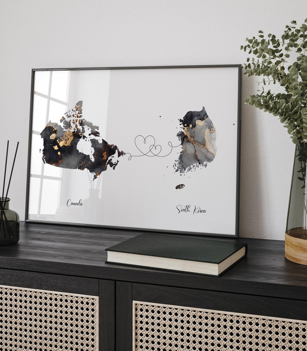 Canada and South Korea Map Black & Gold Travel Wall Art Print | Canadian | Minimalist Decor | International Travel Art