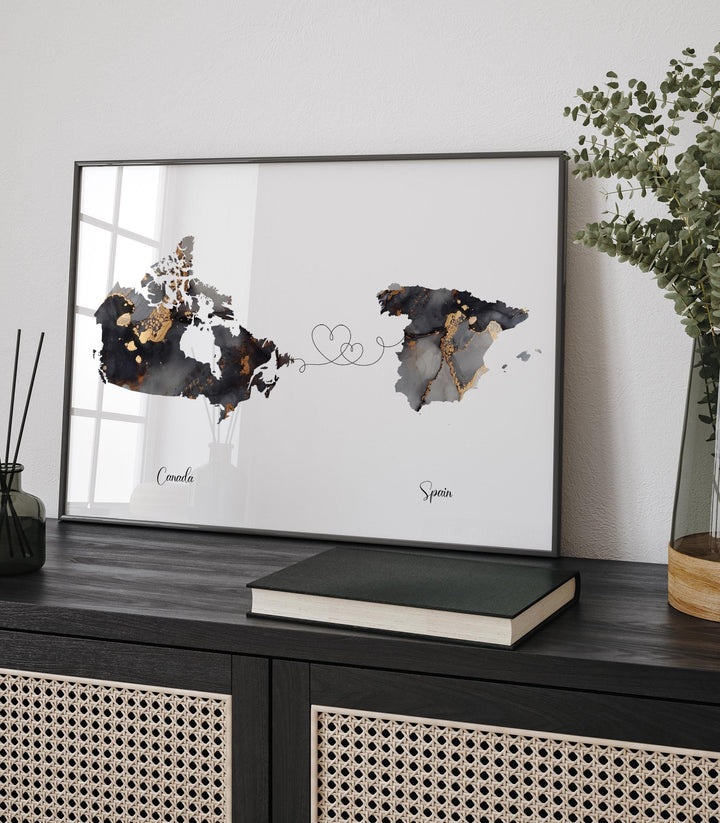 Canada and Spain Map Black & Gold Travel Wall Art Print | Canadian | Minimalist Decor | International Travel Art