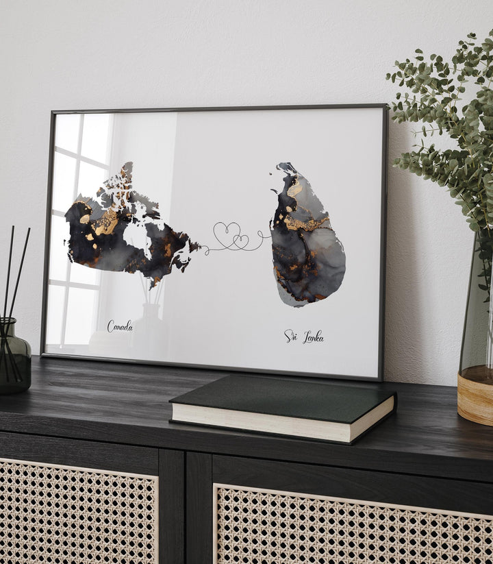 Canada and Sri Lanka Map Black & Gold Travel Wall Art Print | Canadian | Minimalist Decor | International Travel Art