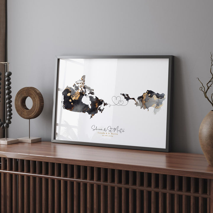 Canada and St Martin Map Black & Gold Travel Wall Art Print | Canadian | Minimalist Decor | International Travel Art