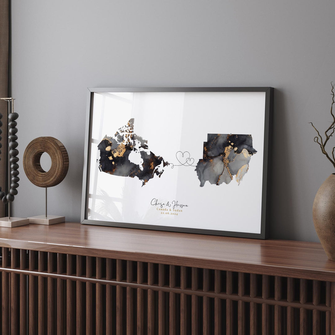 Canada and Sudan Map Black & Gold Travel Wall Art Print | Canadian | Minimalist Decor | International Travel Art