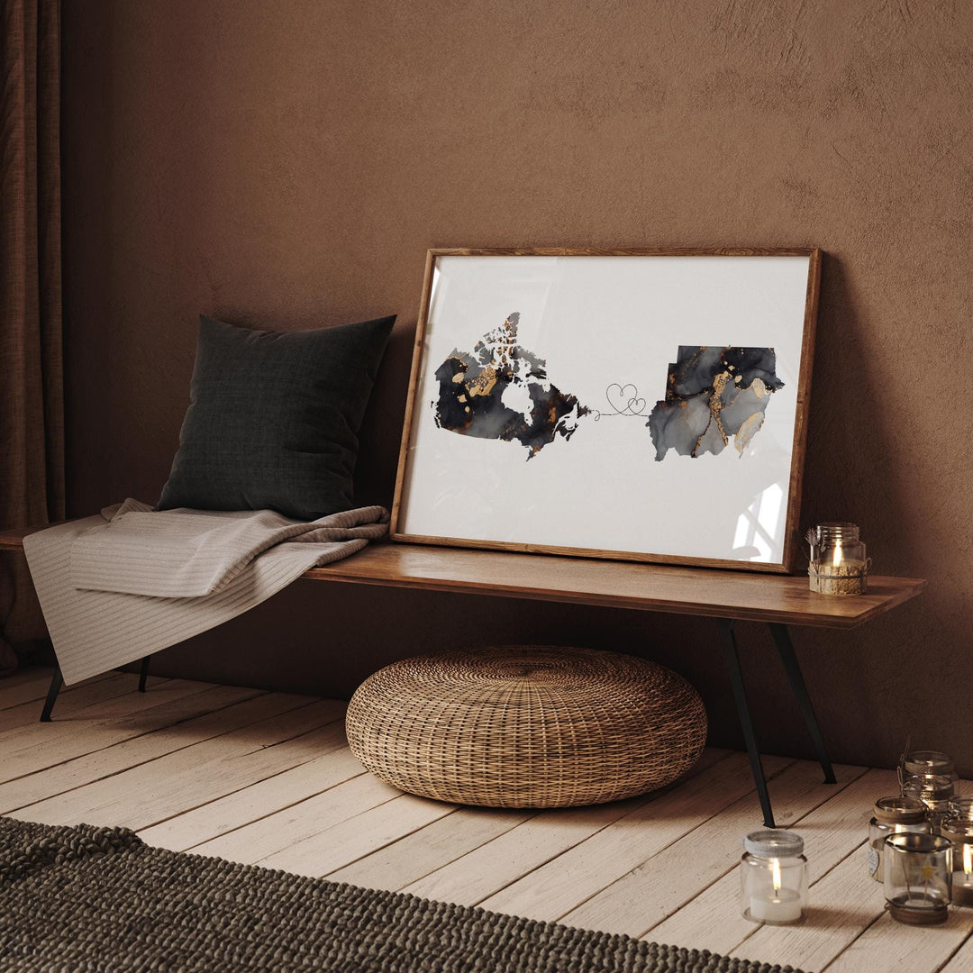 Canada and Sudan Map Black & Gold Travel Wall Art Print | Canadian | Minimalist Decor | International Travel Art