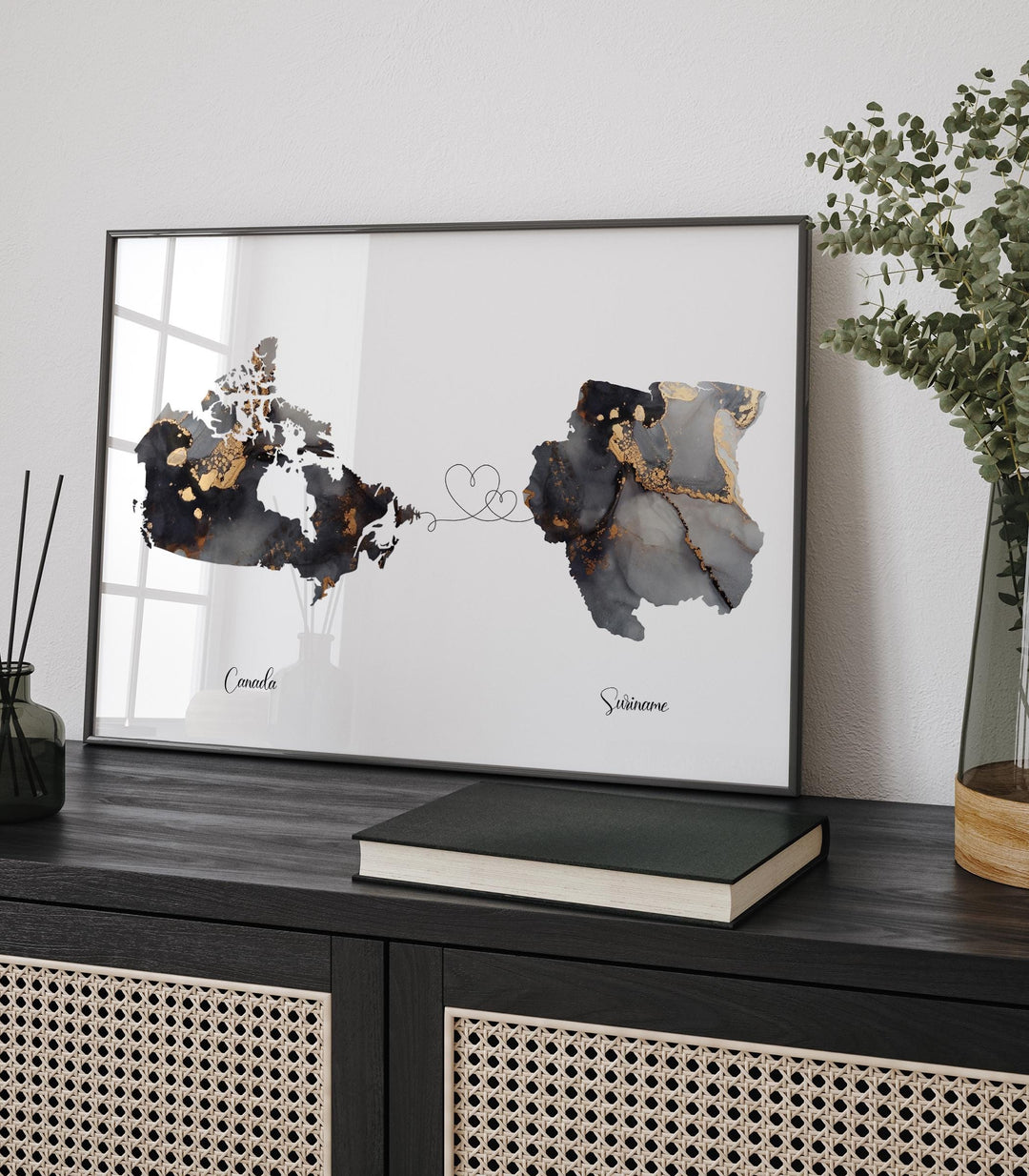 Canada and Suriname Map Black & Gold Travel Wall Art Print | Canadian | Minimalist Decor | International Travel Art