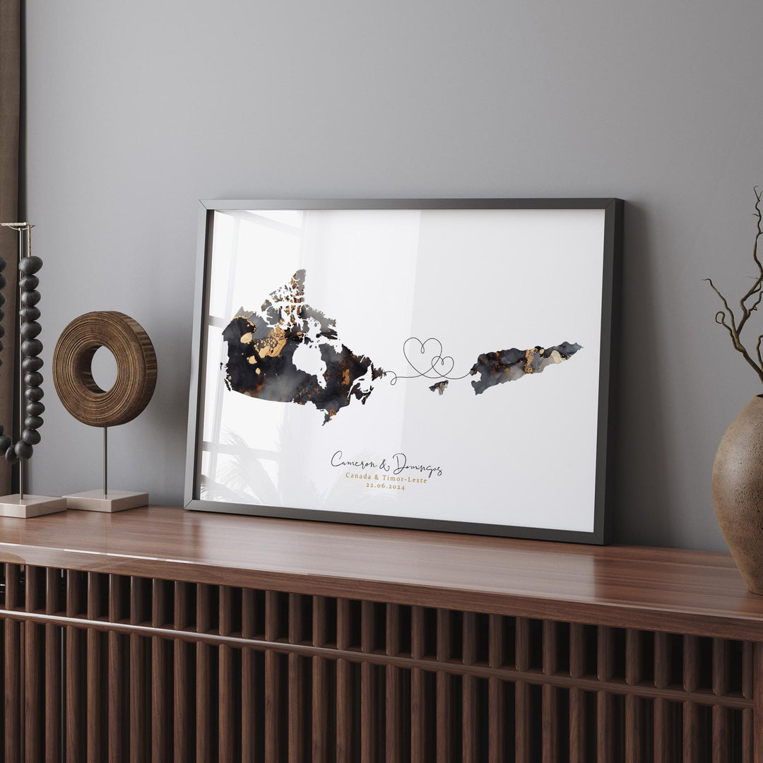 Canada and Timor-Leste Map Black & Gold Travel Wall Art Print | Canadian | Minimalist Decor | International Travel Art