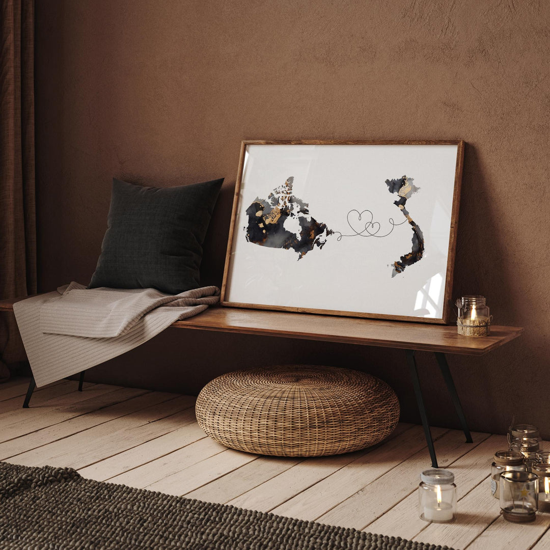 Canada and Vietnam Map Black & Gold Travel Wall Art Print | Canadian | Minimalist Decor | International Travel Art