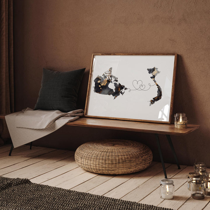 Canada and Vietnam Map Black & Gold Travel Wall Art Print | Canadian | Minimalist Decor | International Travel Art