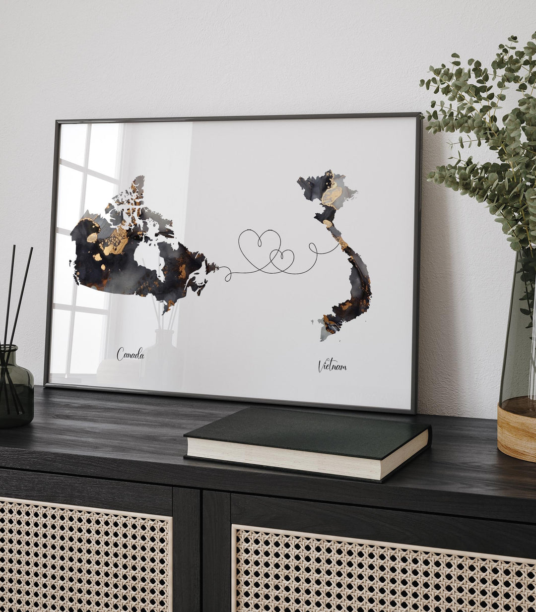 Canada and Vietnam Map Black & Gold Travel Wall Art Print | Canadian | Minimalist Decor | International Travel Art