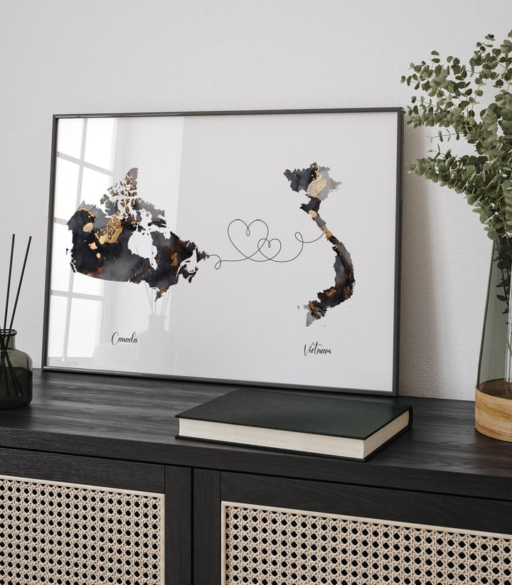Canada and Vietnam Map Black & Gold Travel Wall Art Print | Canadian | Minimalist Decor | International Travel Art