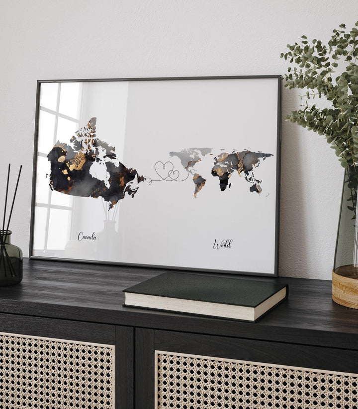 Canada and World Map Black & Gold Travel Wall Art Print | Canadian | Minimalist Decor | International Travel Art