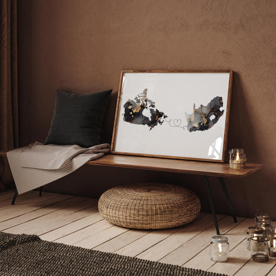 Canada and South Africa Map Black & Gold Travel Wall Art Print | Canadian | Minimalist Decor | International Travel Art