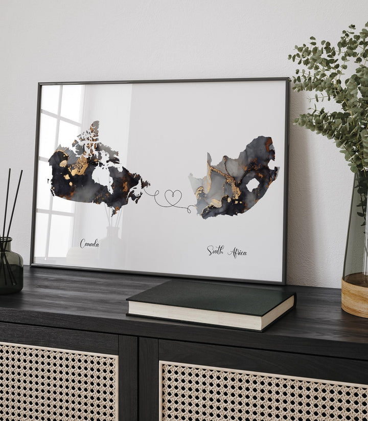 Canada and South Africa Map Black & Gold Travel Wall Art Print | Canadian | Minimalist Decor | International Travel Art