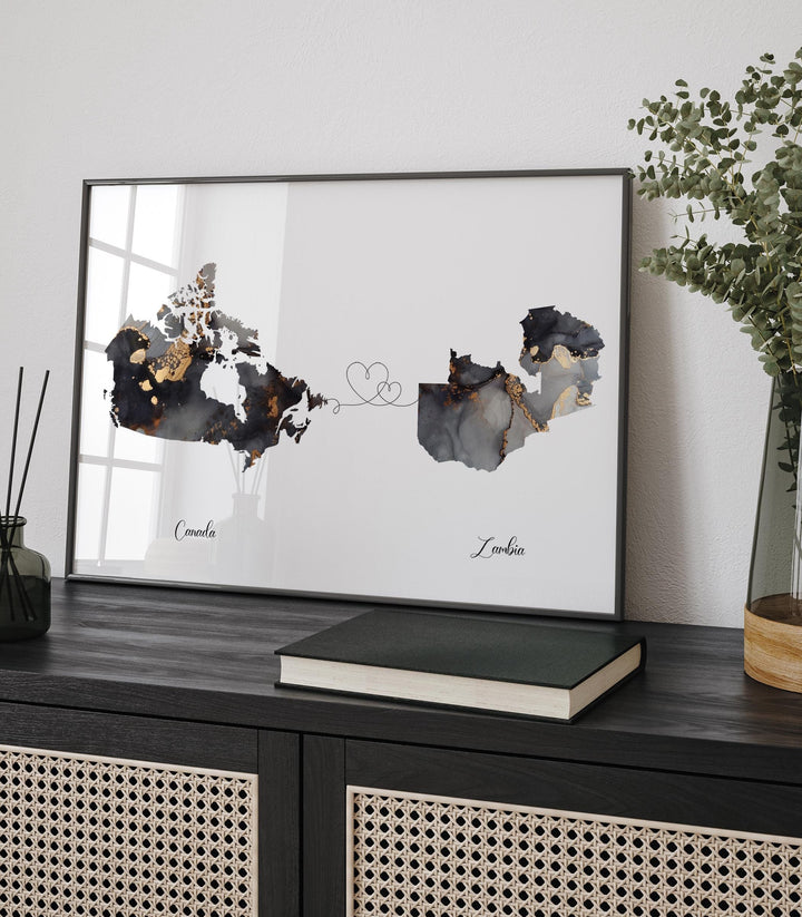 Canada and Zambia Map Black & Gold Travel Wall Art Print | Canadian | Minimalist Decor | International Travel Art