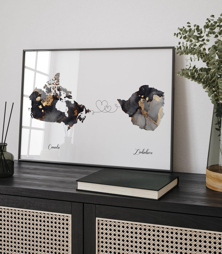 Canada and Zimbabwe Map Black & Gold Travel Wall Art Print | Canadian | Minimalist Decor | International Travel Art