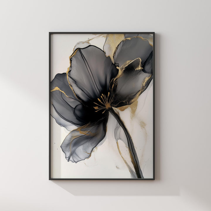 Black & Gold Flower Wall Art Print | Botanical Painting Wall Decor | Perfect for Bedroom or Entryway
