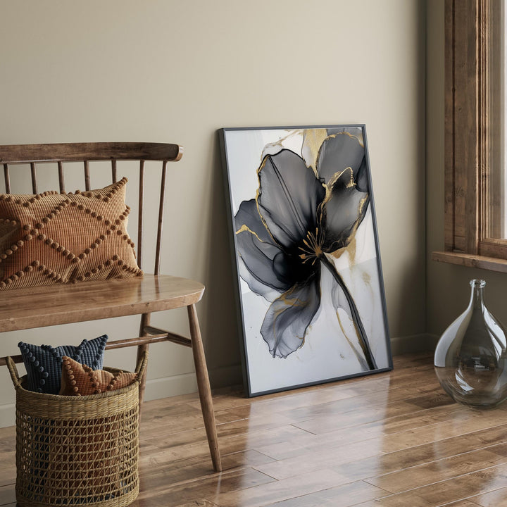 Black & Gold Flower Wall Art Print | Botanical Painting Wall Decor | Perfect for Bedroom or Entryway