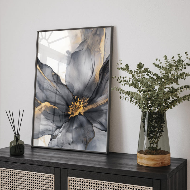 Black and Gold Flower Wall Art | Floral Print | Modern Botanical Decor for Living Room