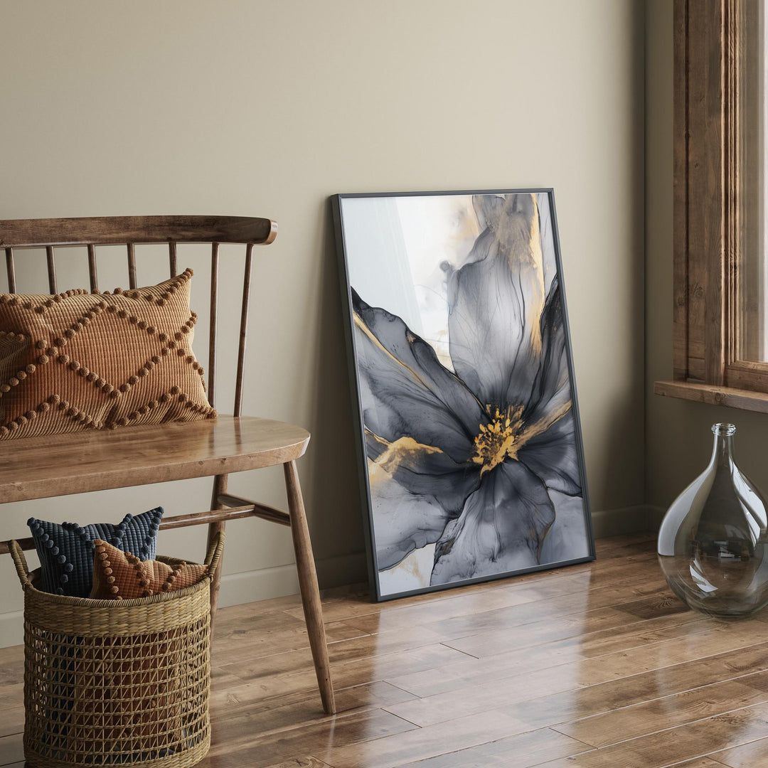 Black and Gold Flower Wall Art | Floral Print | Modern Botanical Decor for Living Room
