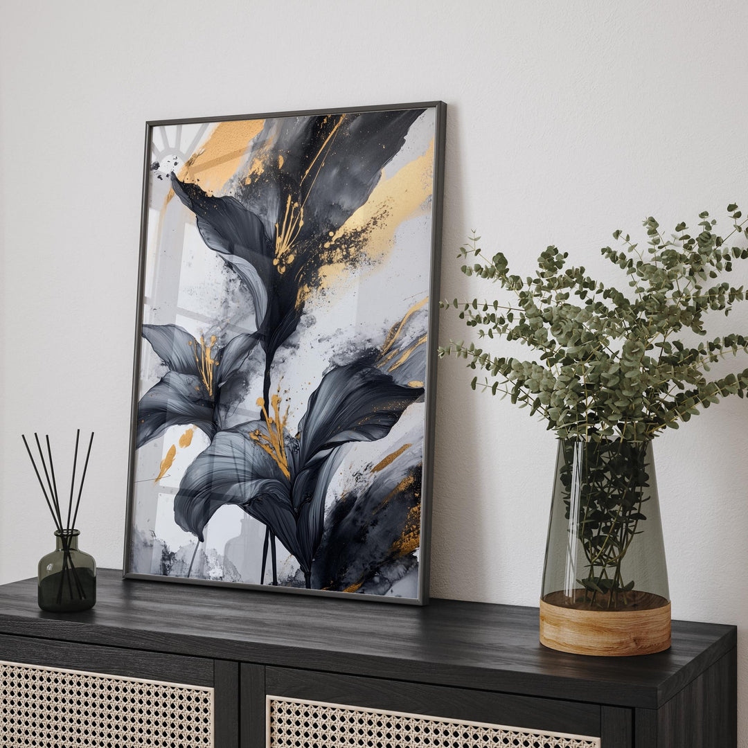 Black & Gold Petal Flower Art Print | Black and Gold Floral Wall Art | Stylish Home Decor for Bedroom