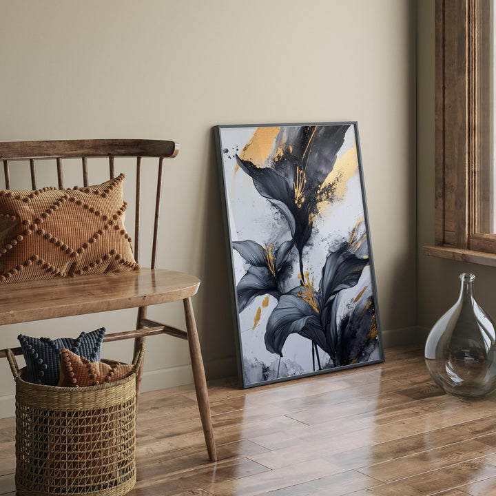 Black & Gold Petal Flower Art Print | Black and Gold Floral Wall Art | Stylish Home Decor for Bedroom