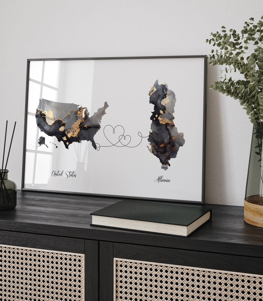USA and Albania Map Black & Gold Travel Wall Art Print | United States | America | Travel Moving Home Gift