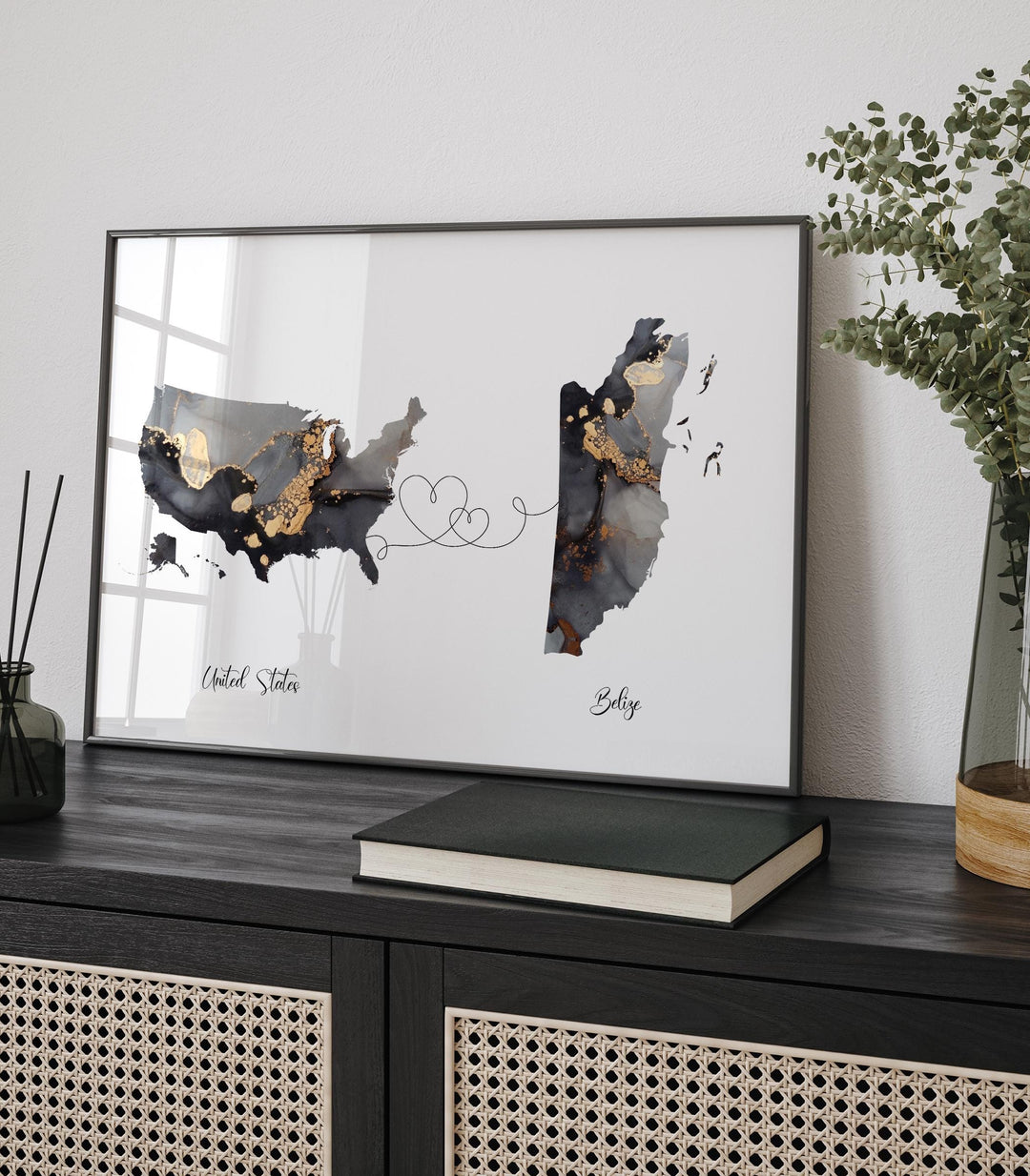 USA and Belize Map Black & Gold Travel Wall Art Print | United States | America | Travel Moving Home Gift