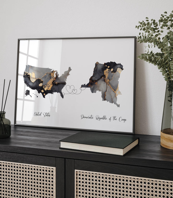 USA and Democratic Republic of the Congo Map Black & Gold Travel Wall Art Print | United States | America | Travel Moving Home Gift